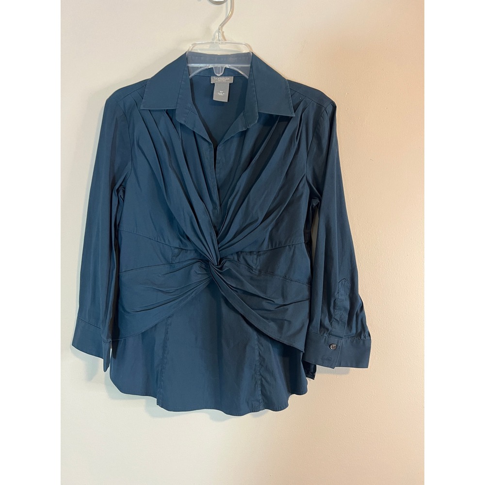 Ann Taylor Petites Twist Front Blouse Dark Teal‎ Blue Size 4P Long Sleeve
